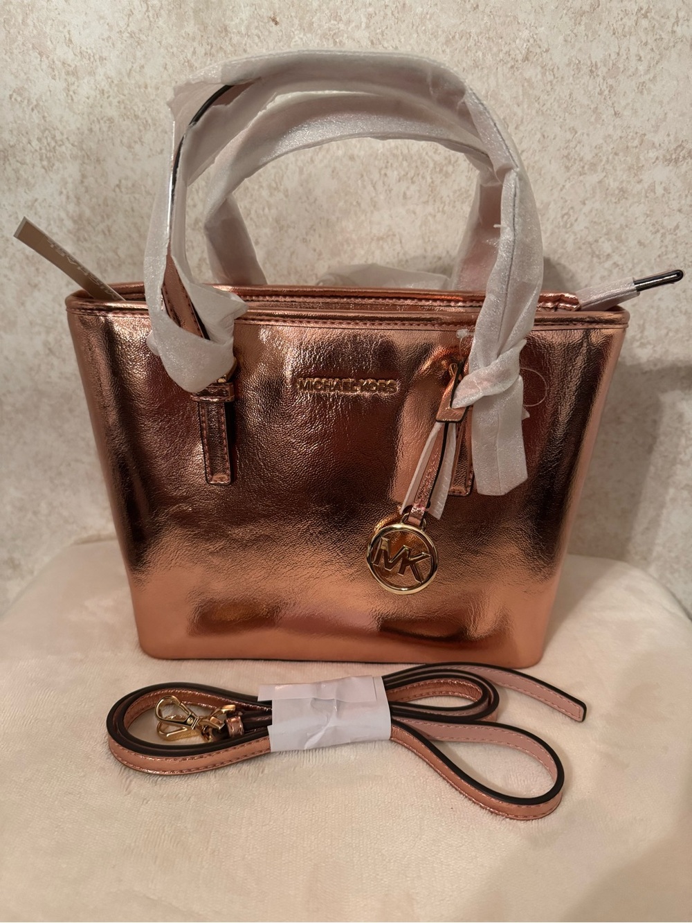 Michael Kors Metallic PrimRose Gold Leather Satchel with MK Charm